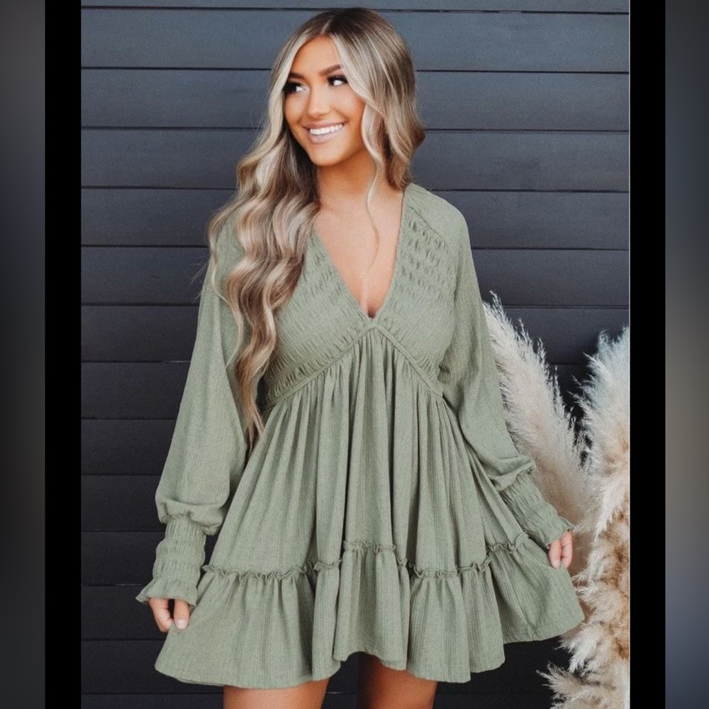 Smocked Long Sleeve Mini Dress